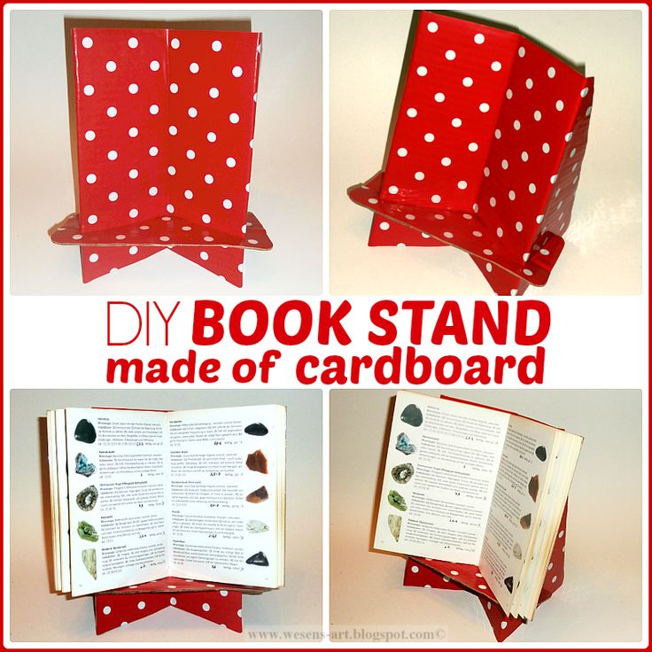 an open book stand made out of cardboard with white polka dots on it and the words diy book stand made of cardboard