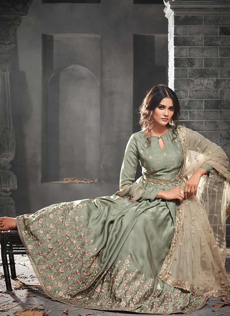 Light Green and Beige Embroidered Silk Satin Anarkali Suit Indian Party Wear Gowns, Floor Length Anarkali, Party Wear Gowns, Casual Menswear, Party Wear Gown, Indian Party Wear, Designer Anarkali, Indian Gowns Dresses, Prom Pictures