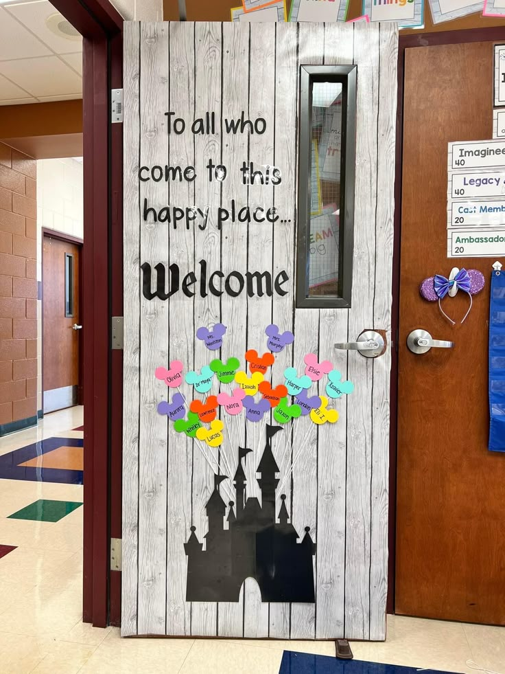 Disney Theme Classroom Door Ideas, Disney Themed Library, Disney Classroom Decorations Diy, Disney World Door Decorations, Disney Classroom Birthday Board, Disney Elementary Classroom, Disney Prek Classroom, Disney Preschool Graduation Theme, Disney Kindergarten Classroom