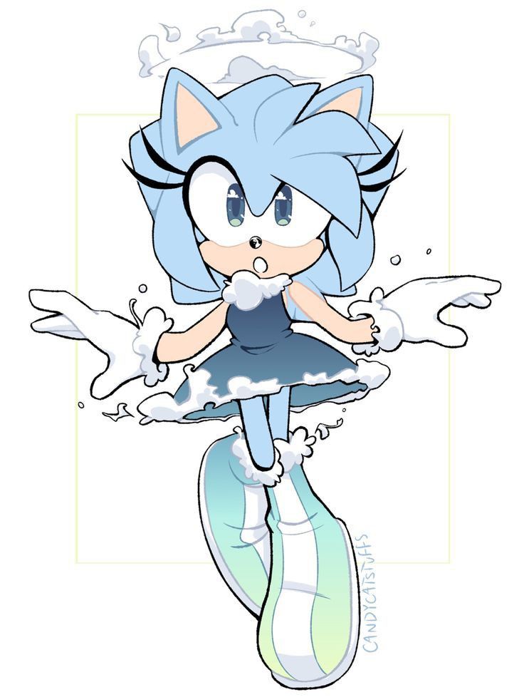 a drawing of an animal girl with blue hair and white shoes, standing in the water