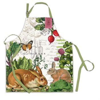 an apron with rabbits and flowers on it