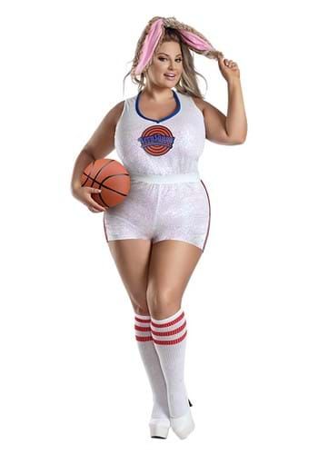 a woman in a white bodysuit holding a basketball and posing for the camera with her hands on her head