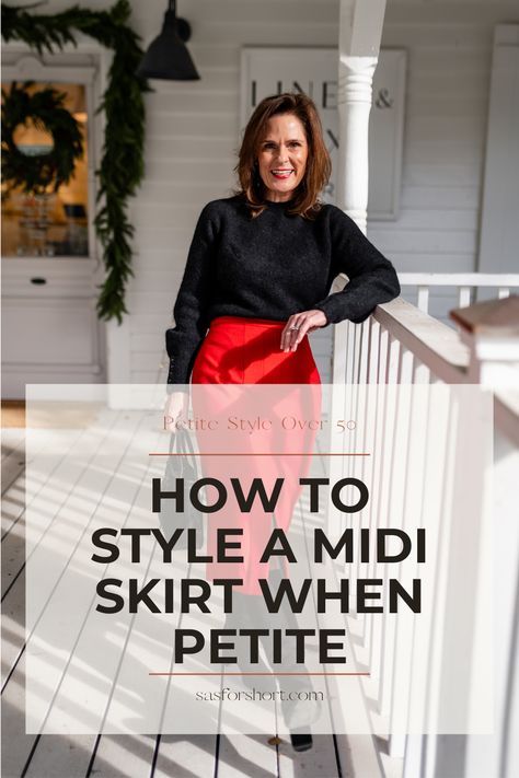 Satin Midi Skirt Holiday, Midi Skirt Outfit Petite, Tops To Wear With Pencil Skirts, Styling A Satin Midi Skirt, Long Skirt Outfits For Petite Women, Midi Skirt Petite Women, Sweater With Midi Skirt Outfit, Long Skirt Petite Woman, Black Skirt Wedding Outfit Guest