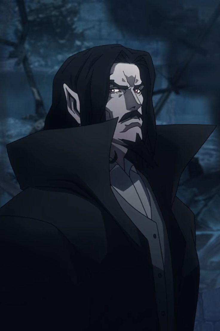 an anime character with long hair wearing a black coat and standing in front of trees