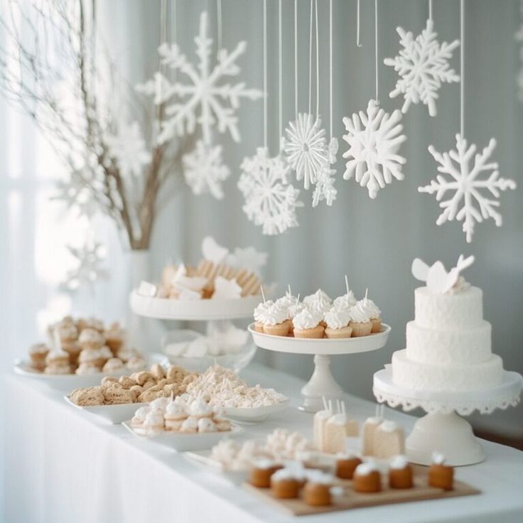 a table topped with cakes and desserts covered in snowflakes