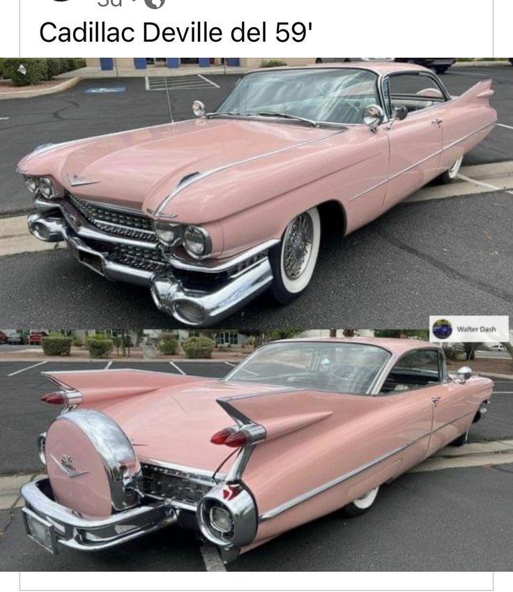 an old pink car parked in a parking lot next to another one with chrome rims