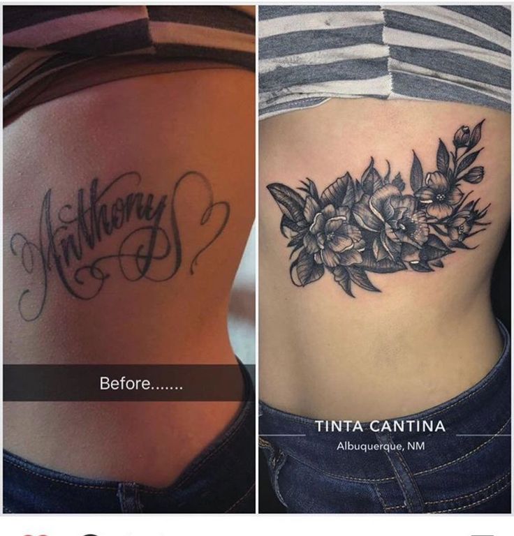 before and after photos of a tattoo cover up on a woman's lower back