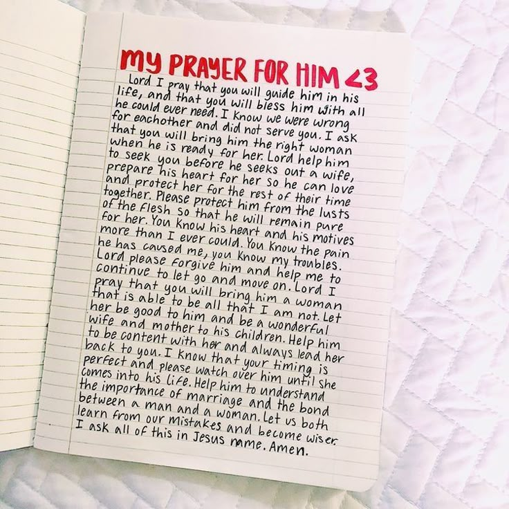 an open notebook with the words my prayer for him written in red and black on it