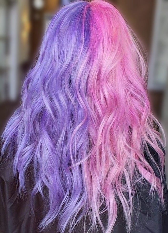 Half Pink And Purple Hair, Purple Split Hair Dye, Purple Colored Hair Ideas, Split Purple And Pink Hair, Half Pink Half Purple Hair Pastel, Hair Dye Ideas Pink And Purple, Purple And Pink Split Hair, Two Color Hair Half, Pink Half And Half Hair