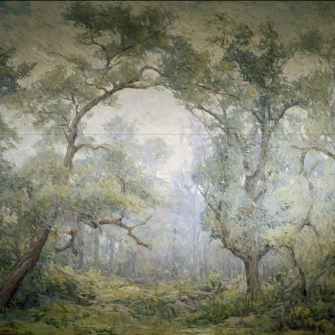 a painting of trees in the middle of a forest