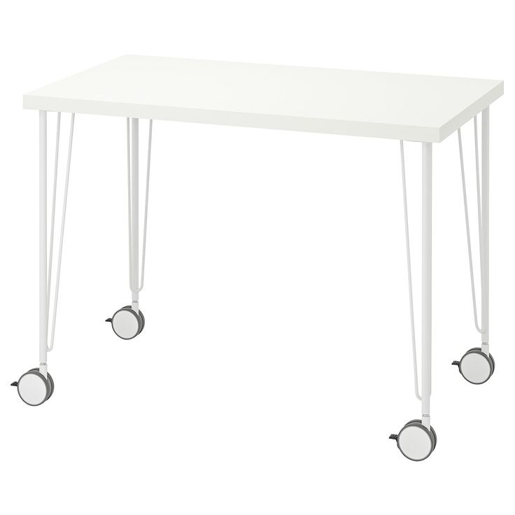 a white table with three legs and two wheels