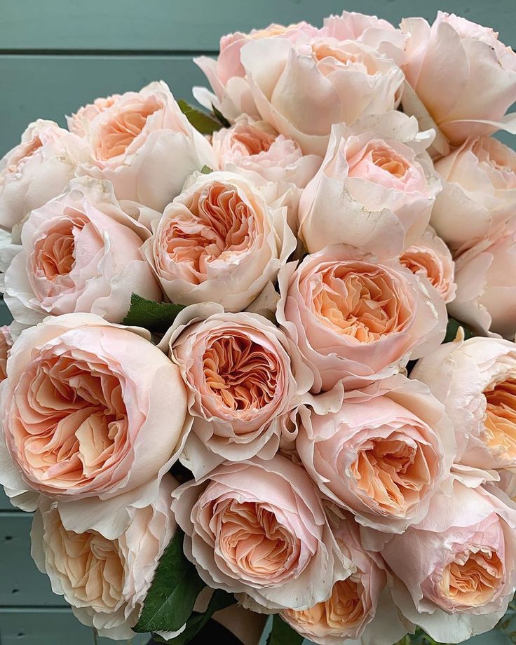 a bouquet of pink roses sitting on top of a wooden table next to a blue wall