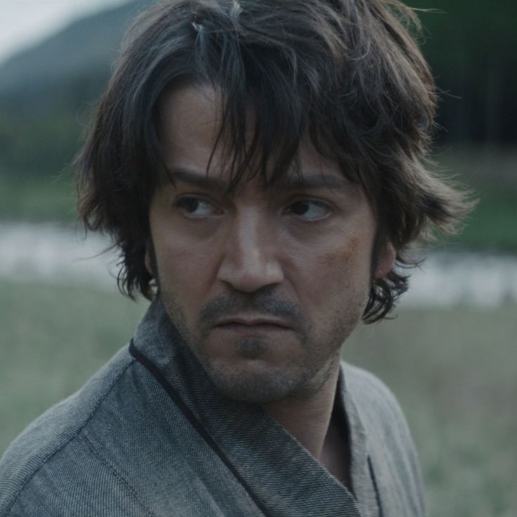 a man with long hair wearing a kimono looking at the camera while standing in a field