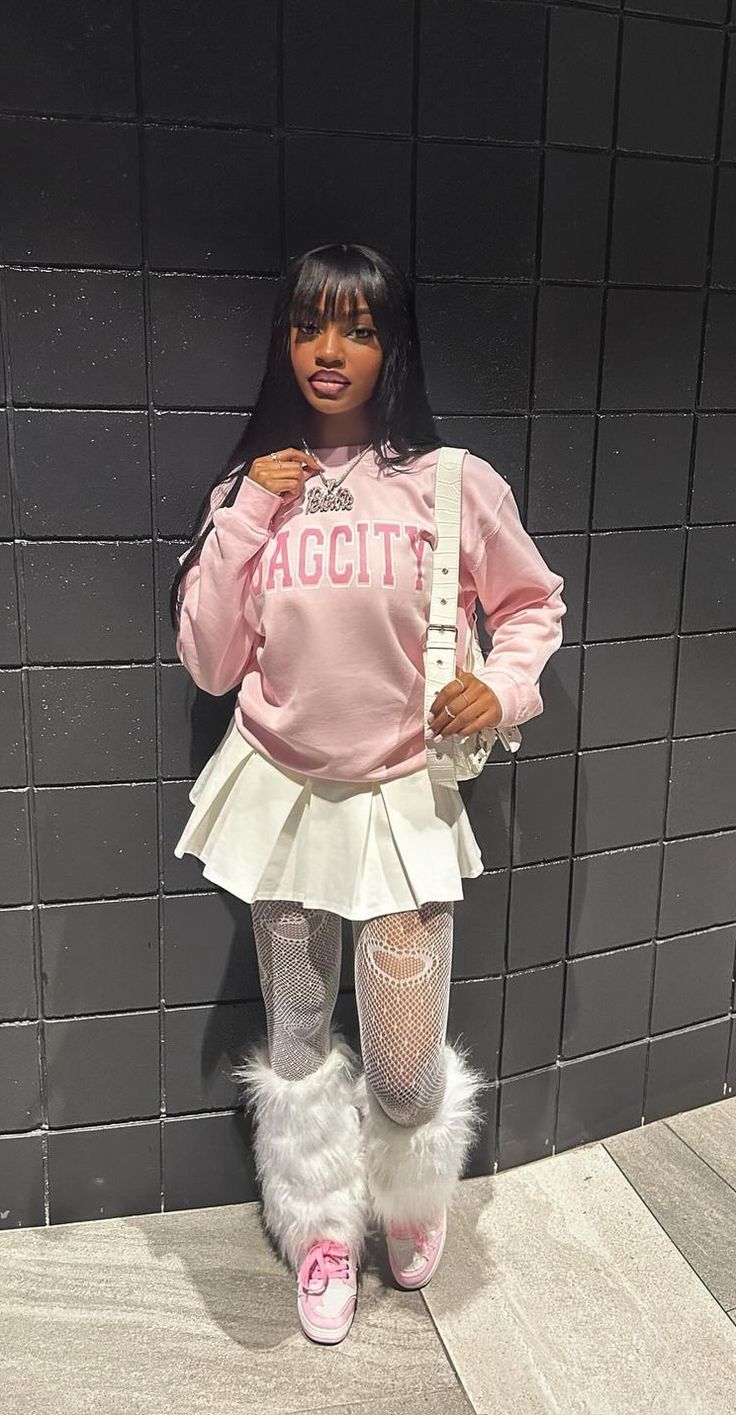 Big T Shirt With Skirt, Valentines Day Skirt Outfit, Pink Outfits Inspiration, Movie Date Night Outfit Winter, Leg Warmer Outfits Black Women, White And Pink Birthday Outfits, Cute Arcade Date Outfit, Pink Hair Pink Outfit, Barbie Baddie Outfits