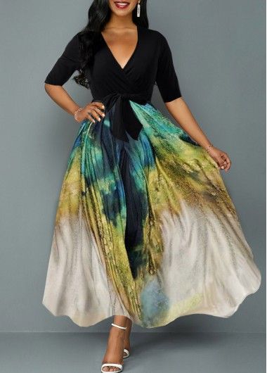 Size:L;Size:XXL;Size:M;Size:S;Size:XL;Color:Black;Sleeve's Length:Half Sleeve;Pattern Type:Tie Dye;Clothing Length:142.00;Neckline:V Neck;Decoration:V-Neck;Color Scheme:Black;Style:Elegant;Dress Length:Mid Calf;Washing Instructions:Hand Wash /Machine Washable;Season:Summer;Silhouette:High waist;Package Contents:1 X Dress , 1 X Belt;Composition:95%Polyester , 5%Spandex;Occasion:Party; Sukienki Maksi, Gaun Fashion, Fashion Dresses Online, Plunge Dress, Short Sleeve Maxi Dresses, Half Sleeve Dresses, Dresses Elegant, African Dresses, Maxi Dress With Sleeves