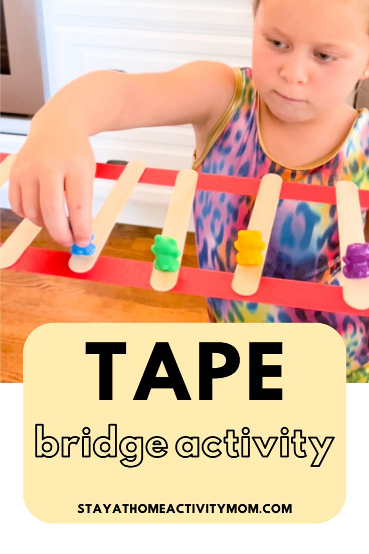 We created this fun STEM activity years ago and have loved seeing it in thousands of homes across the world. Using just painters tape, craft sticks, and little bear counters (or something similar) is all you need to create this fun activity for preschoolers and elementary school children. Click to see the activity in action by Stay at Home Activity Mom! Building Science Preschool, Ramps Activities For Preschool, Steam Building Activities, Steam Activity For Preschool, Stem Ideas For Preschoolers, Stem Crafts Preschool, Popsicle Stick Stem Activities, Prek Stem Activities, Toddler Stem Activities