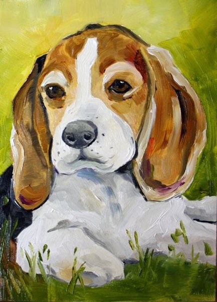 a painting of a beagle dog laying in the grass with his head turned to the side