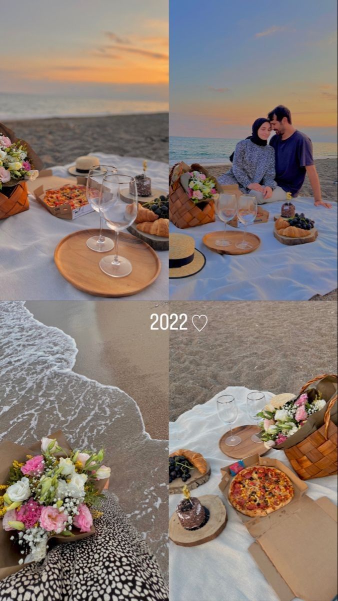 two pictures of people sitting on the beach with food and wine in front of them