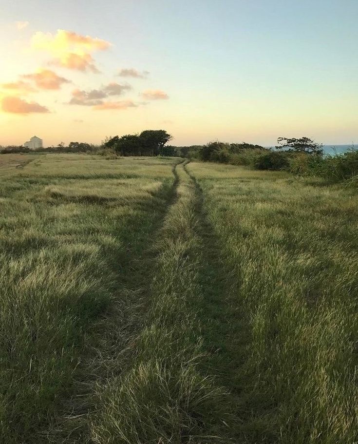 the sun is setting over an open field