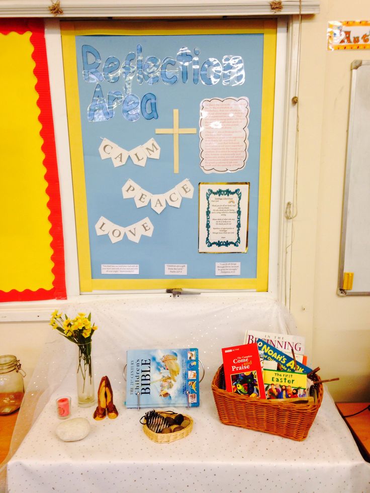 a table with some books on it in front of a bulletin board