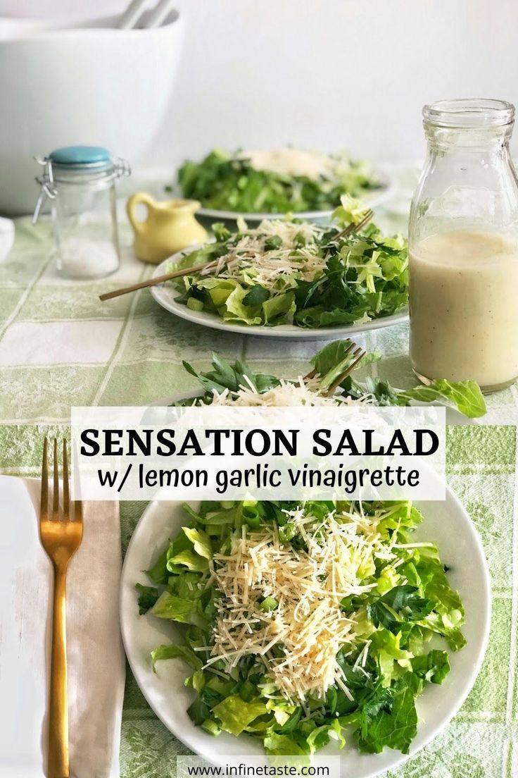 salad on plate with cheese on otp and title in center Sensation Salad, Pear Vinaigrette, Garlic And Oil, Oil Dressing, Salad Dressing Recipe, Salad Dressing Recipes Homemade, Romano Cheese, Tossed Salad, Rabbit Food