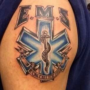 an ems tattoo on the back of a man's arm