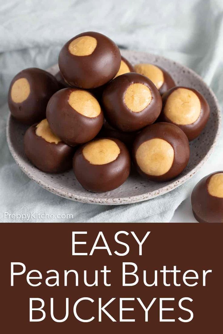 chocolate peanut butter buckeyes on a plate with the words easy peanut butter buckeyes