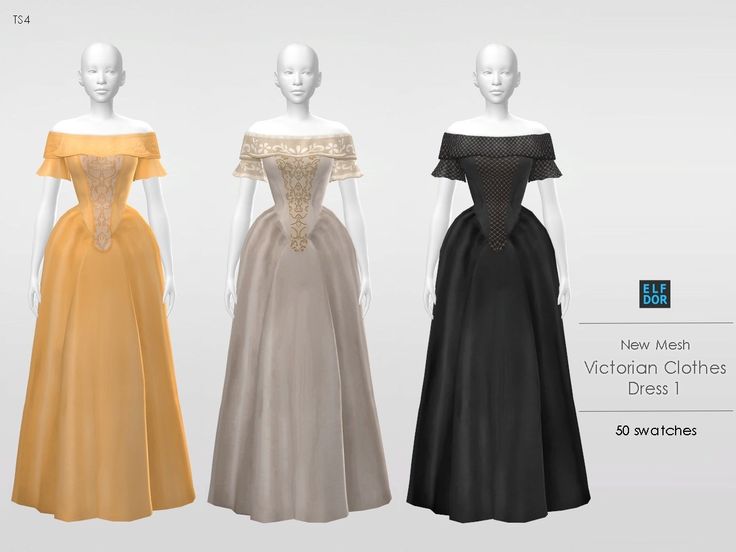 three dresses on mannequins are shown in different colors and sizes, each with an off - the - shoulder neckline