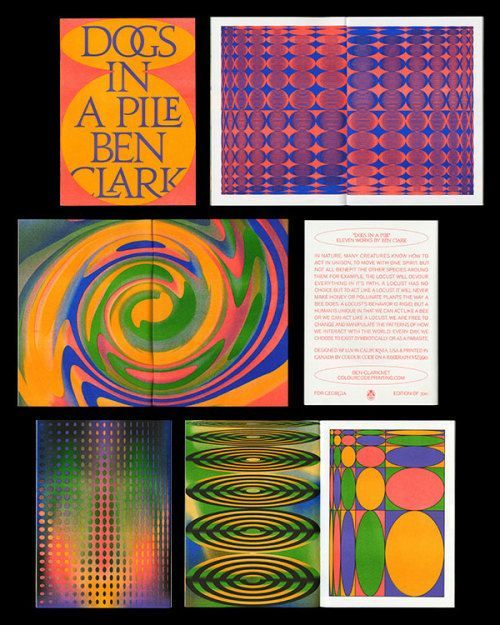 an assortment of art work with different colors and patterns on it, including the words dogs in a pie ben tark