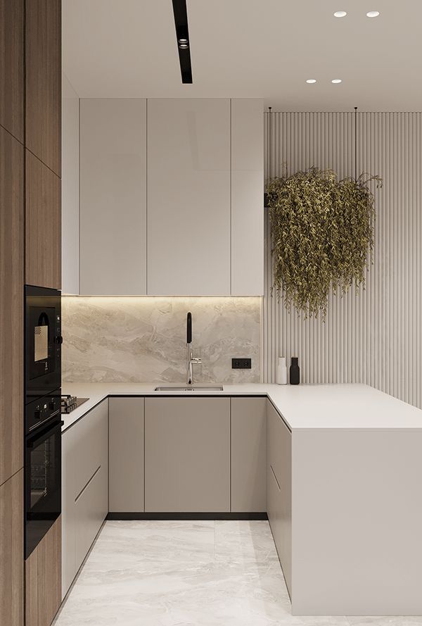 a modern kitchen with marble counter tops and white cabinets, along with a plant hanging on the wall