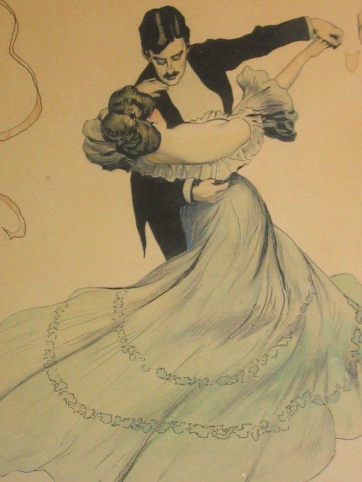 a drawing of a man and woman dressed in formal clothing, dancing with each other