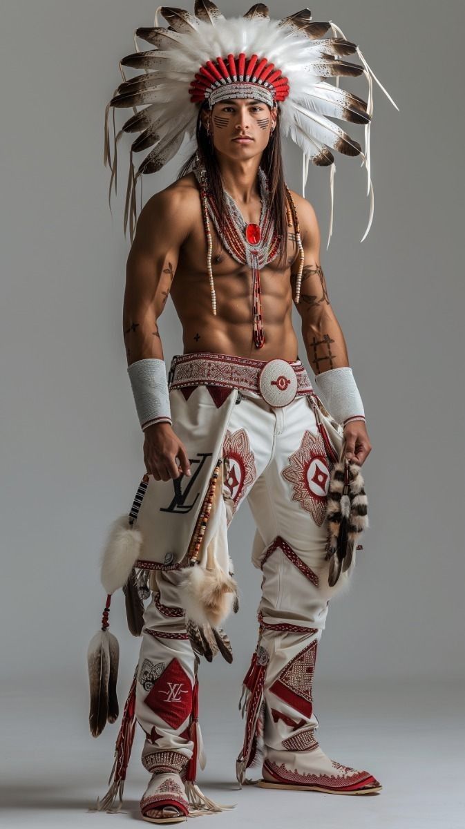 a man in native american clothing with feathers on his head and boots, holding a knife