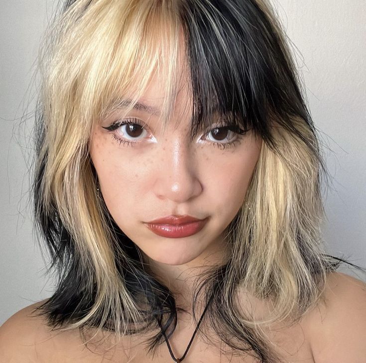 Cool Emo Hair Color, Hairdye Inspo Aesthetic, Choppy Dyed Hair, Face Framing Hair Dye Ideas, Block Placement Hair, Medium Shag Layered Haircuts, Asymmetrical Dyed Hair, Face Framing Bleached Hair, Asymmetrical Hair Color