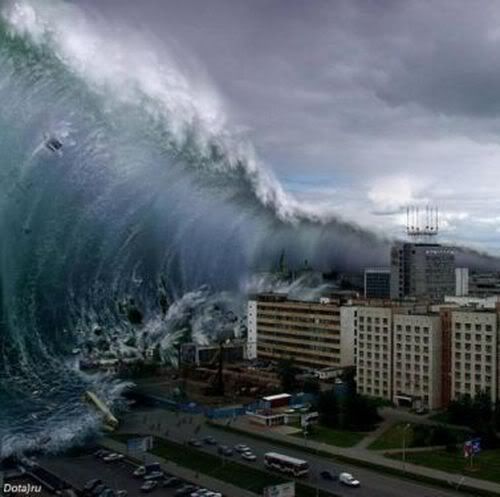 a large wave is crashing into the city