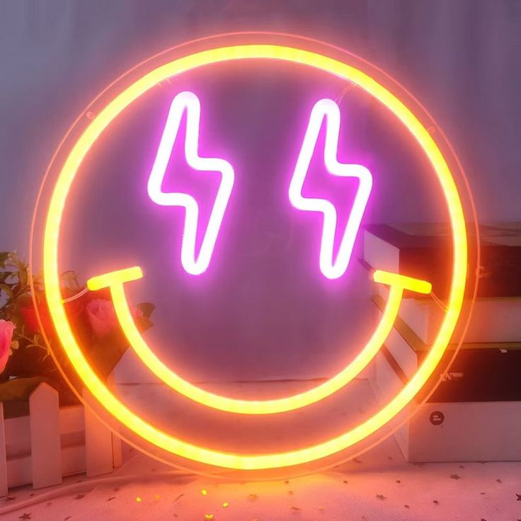 Smiley Face Lighting Bolt Neon Sign Smiley Face Decor, Face Neon Sign, Sign For Room, Face Decor, Decorative Night Lights, Commercial Signs, Light Up Signs, Preppy Room, Holiday Party Gift