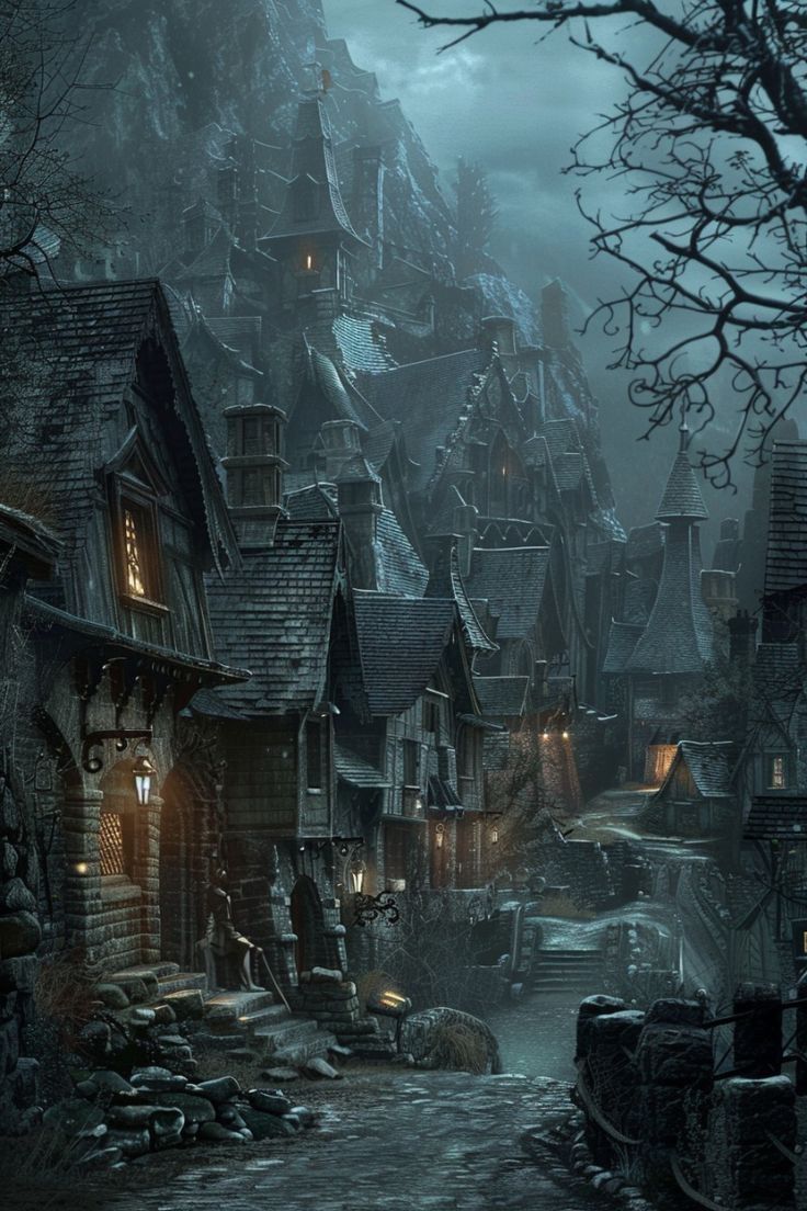 an image of a fantasy village at night