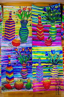 colorful art work with vases and flowers on it