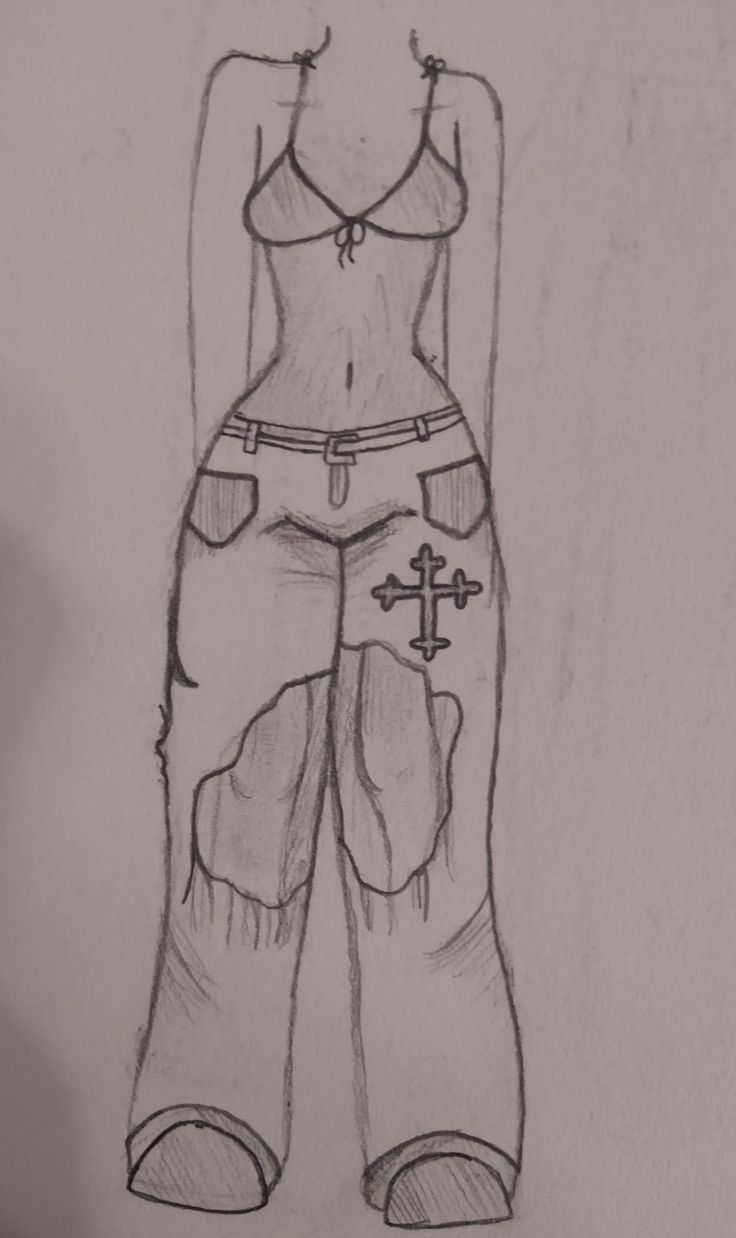 a drawing of a woman with cross on her chest and pants, standing in front of a white wall