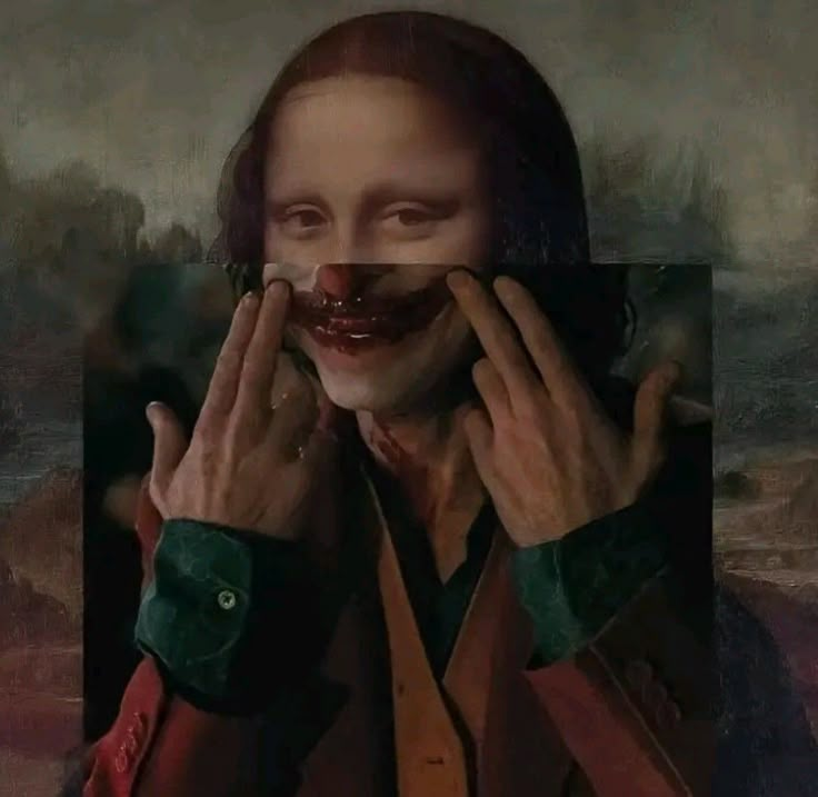 a painting of a man with his hands on his face