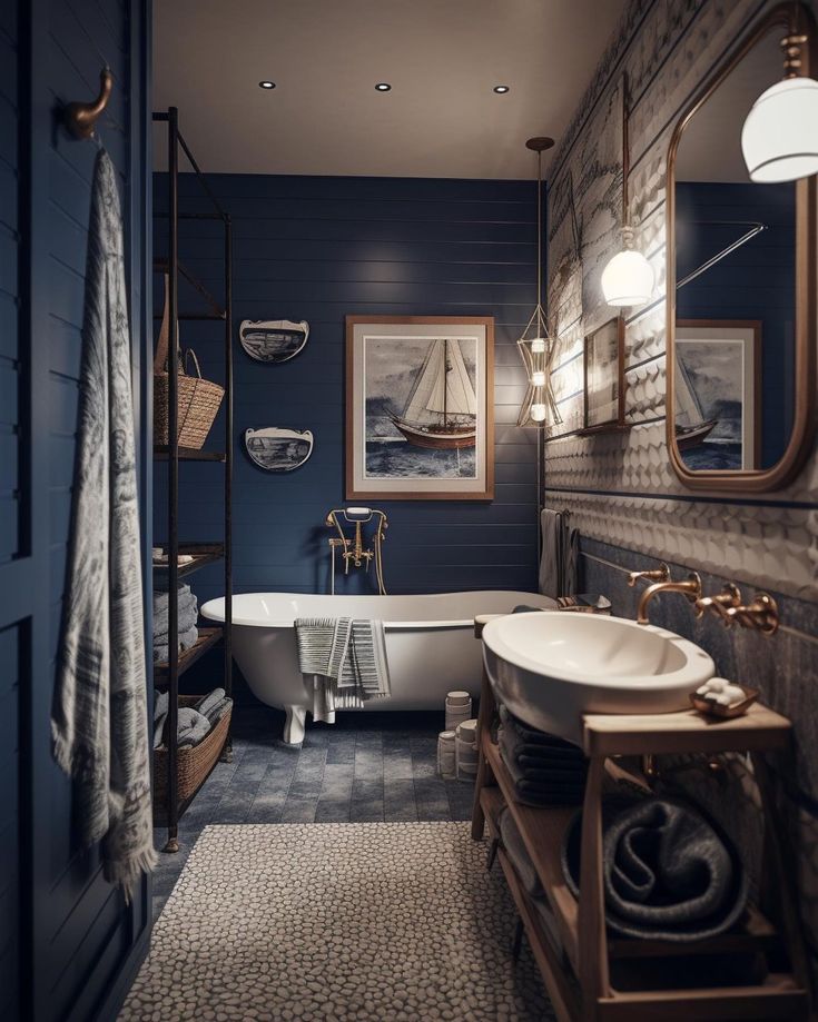 a bathroom with blue walls and an old fashioned bathtub in the corner, along with a sink