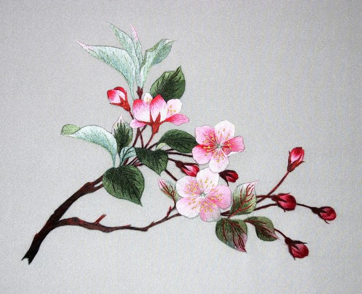 a branch with pink flowers and green leaves on white wall background, painted in pastel colors