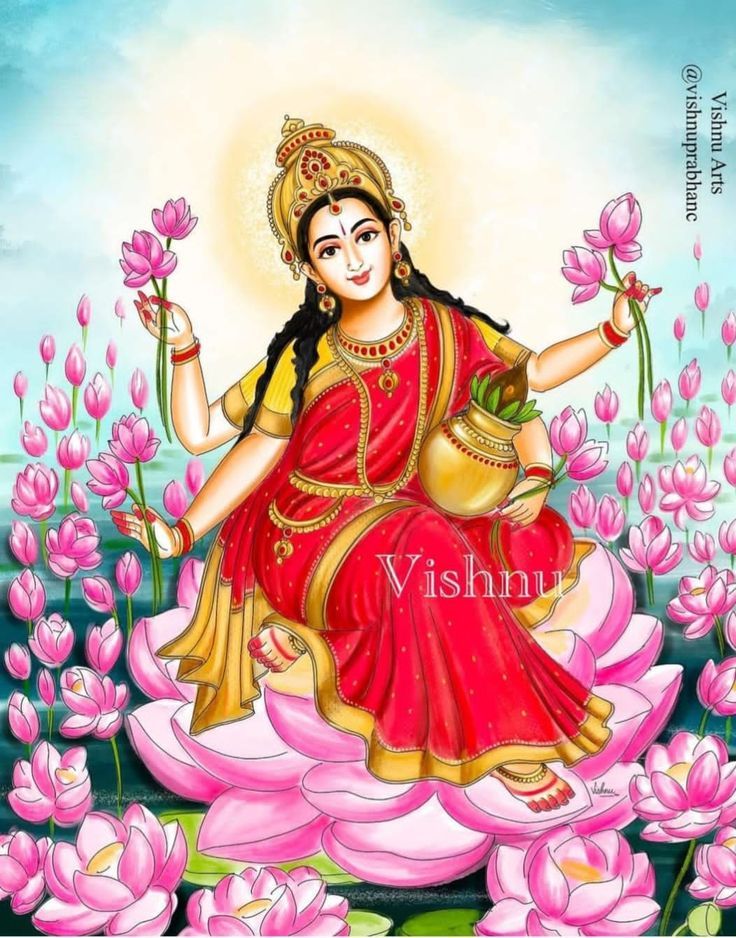 the hindu goddess sitting on top of pink flowers