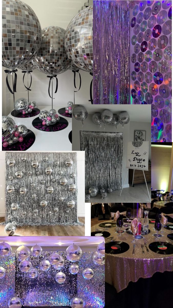 a collage of photos with disco ball decorations and table cloths on the tables