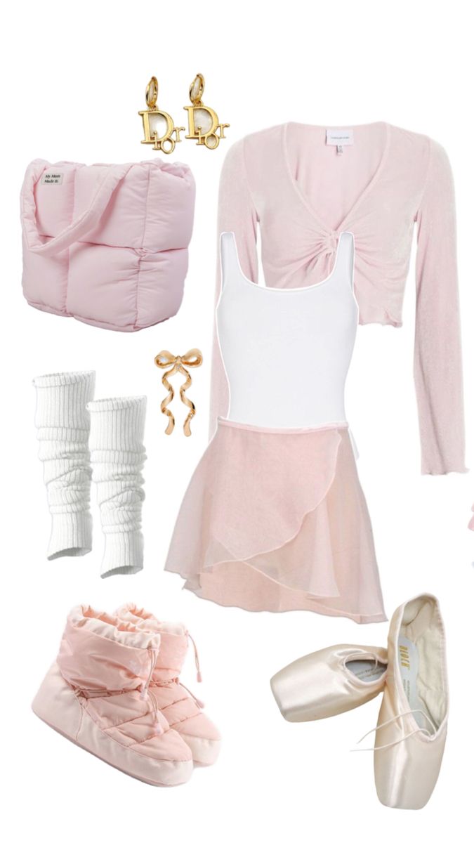 ballet clothes and accessories are arranged in the shape of a ballerina's outfit