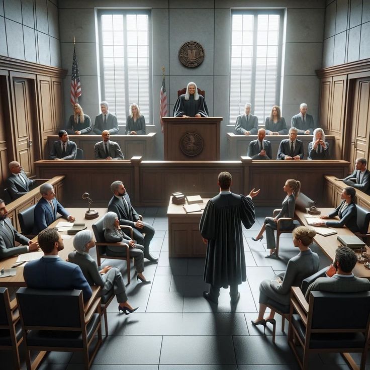 a courtroom full of people sitting at desks with judge in the middle talking to them