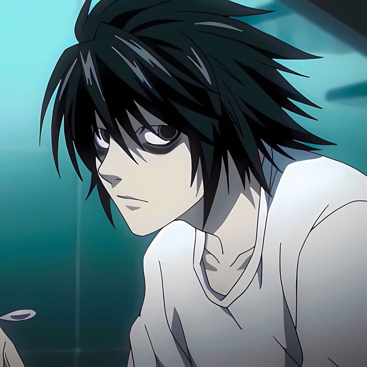 an anime character with black hair holding a cell phone in his hand and staring at the camera