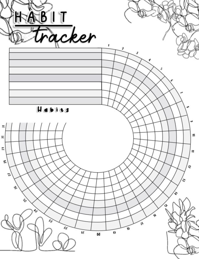 the habit tracker is shown in black and white, with flowers on it's side