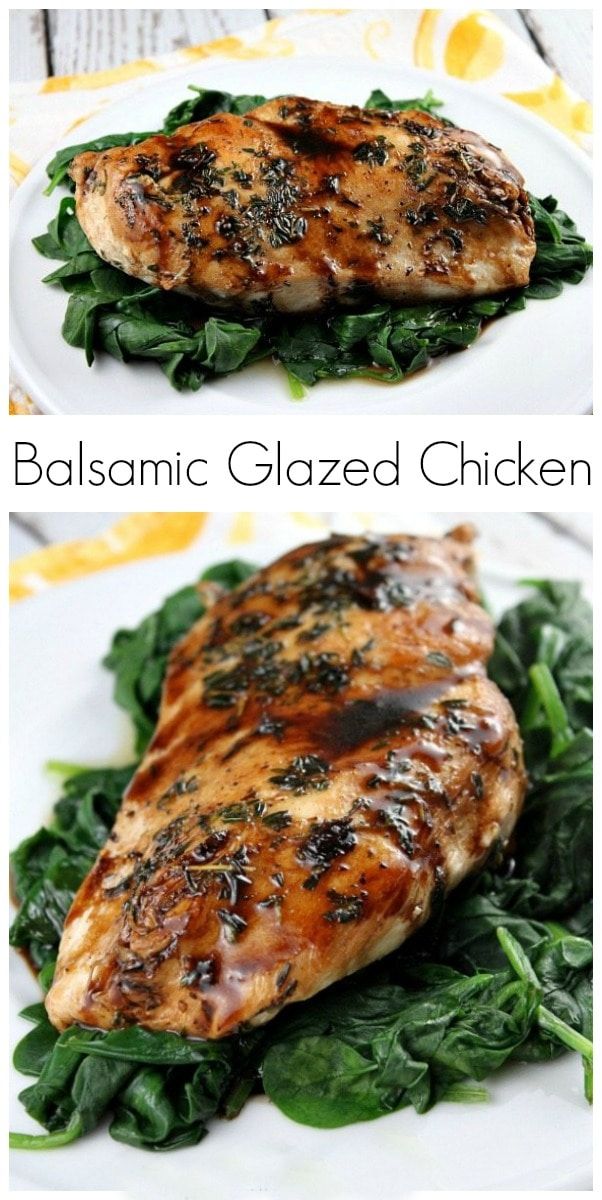 two plates with chicken and spinach on them, one has balsamic glazed chicken