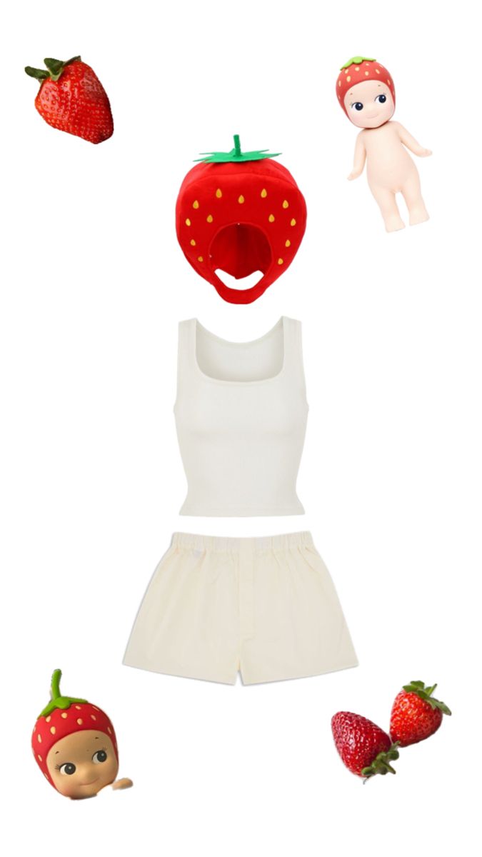 a white top and shorts with strawberries on the bottom, two dolls in the background