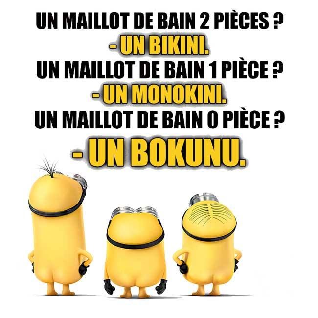 three minion characters with the caption'un maillot de bain 2 pieces? '